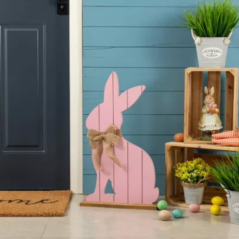 Glitzhome 24" Wooden Pink Bunny Easter Porch Sign