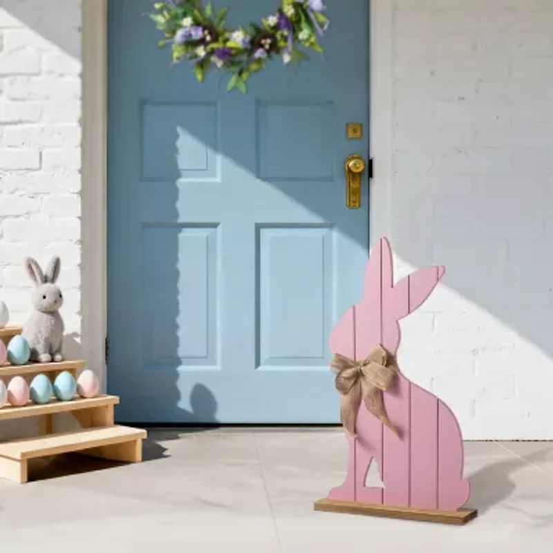 Glitzhome 24" Wooden Pink Bunny Easter Porch Sign