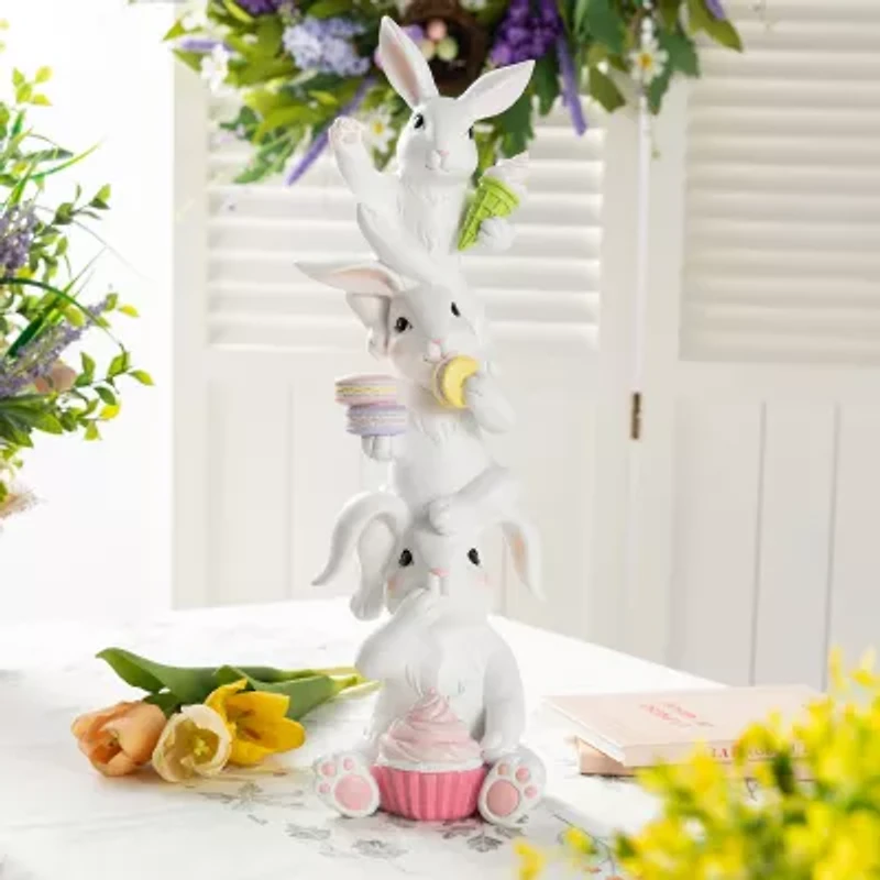 Glitzhome 18" Resin Stacked Bunny With Macaron Easter Tabletop Decor