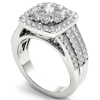 Womens 2 CT. T.W. Natural White Diamond 14K Gold Cushion Side Stone Engagement Ring