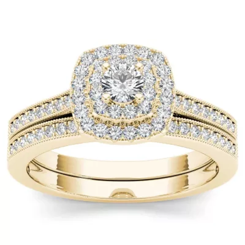 Womens / CT. T.W. Natural White Diamond 10K Gold Cushion Side Stone Halo Bridal Set