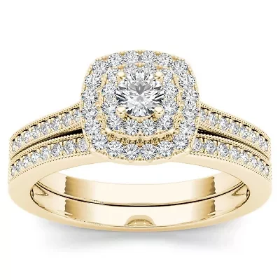 Womens / CT. T.W. Natural White Diamond 10K Gold Cushion Side Stone Halo Bridal Set