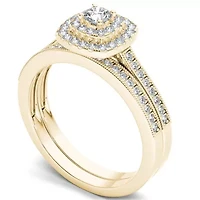 Womens / CT. T.W. Natural White Diamond 10K Gold Cushion Side Stone Halo Bridal Set
