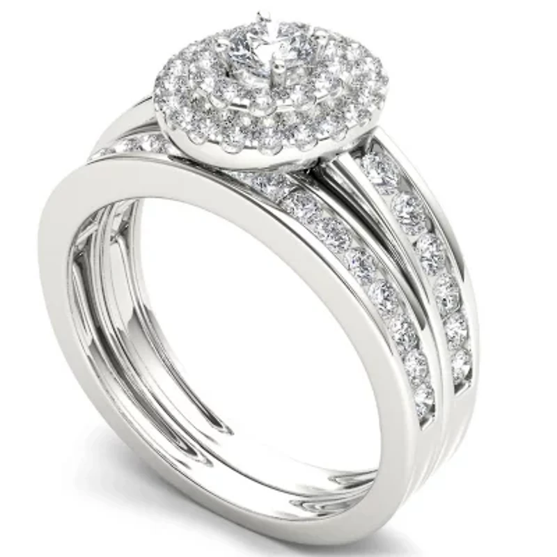 Womens 1 CT. T.W. Natural White Diamond 10K Gold Round Side Stone Bridal Set