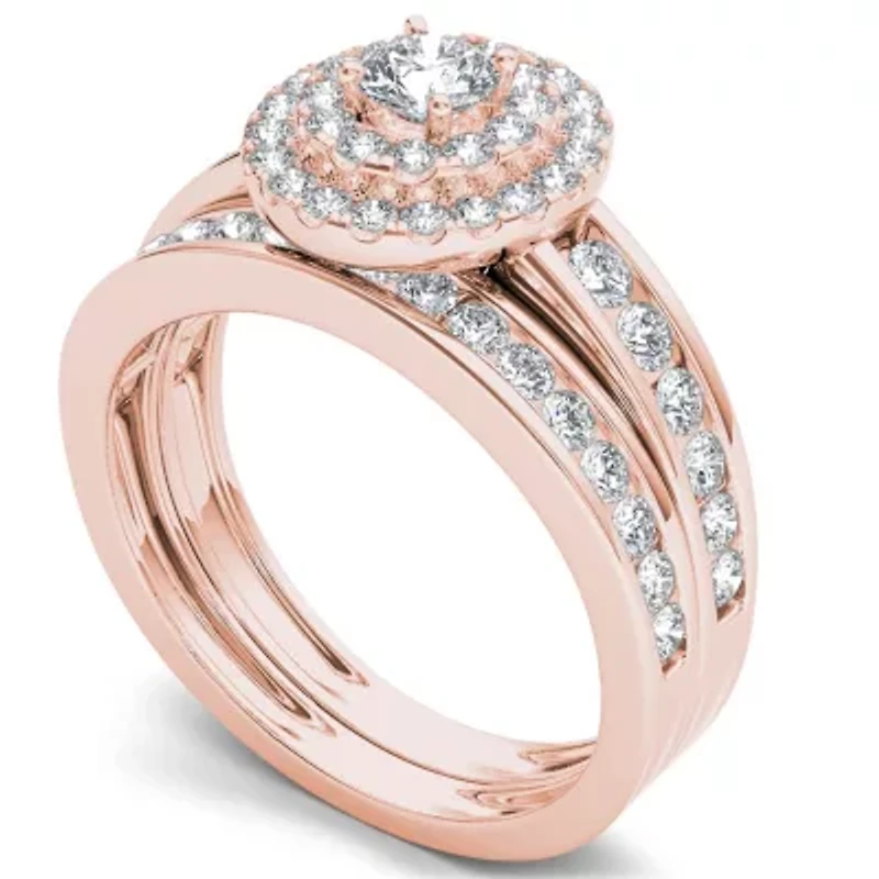 Womens 1 CT. T.W. Natural White Diamond 10K Gold Round Side Stone Bridal Set