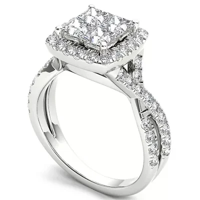 Womens 2 CT. T.W. Natural White Diamond 14K Gold Side Stone Halo Engagement Ring