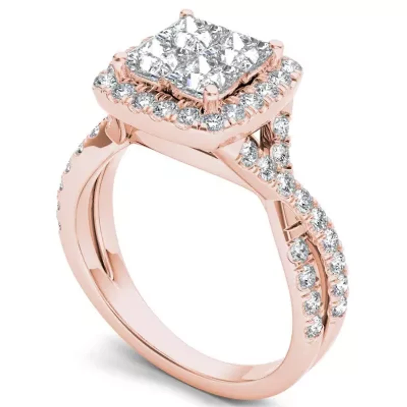 Womens 2 CT. T.W. Natural White Diamond 14K Gold Crossover Halo Engagement Ring