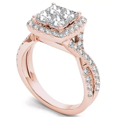 Womens 2 CT. T.W. Natural White Diamond 14K Gold Crossover Halo Engagement Ring