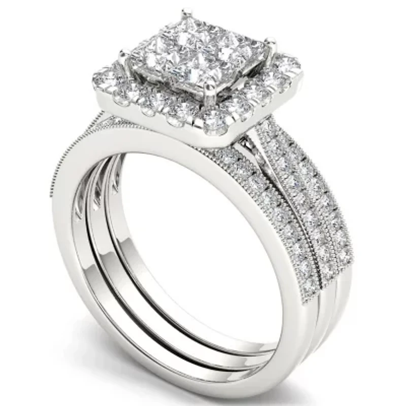 Womens 1 1/2 CT. T.W. Natural White Diamond 14K Gold Halo Bridal Set