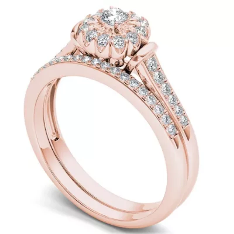 Womens 1 CT. T.W. Natural White Diamond 10K Gold Round Side Stone Bridal Set