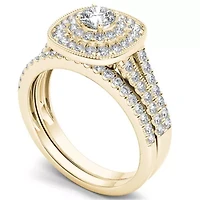 Womens 3/4 CT. T.W. Natural White Diamond 14K Gold Cushion Side Stone Halo Bridal Set