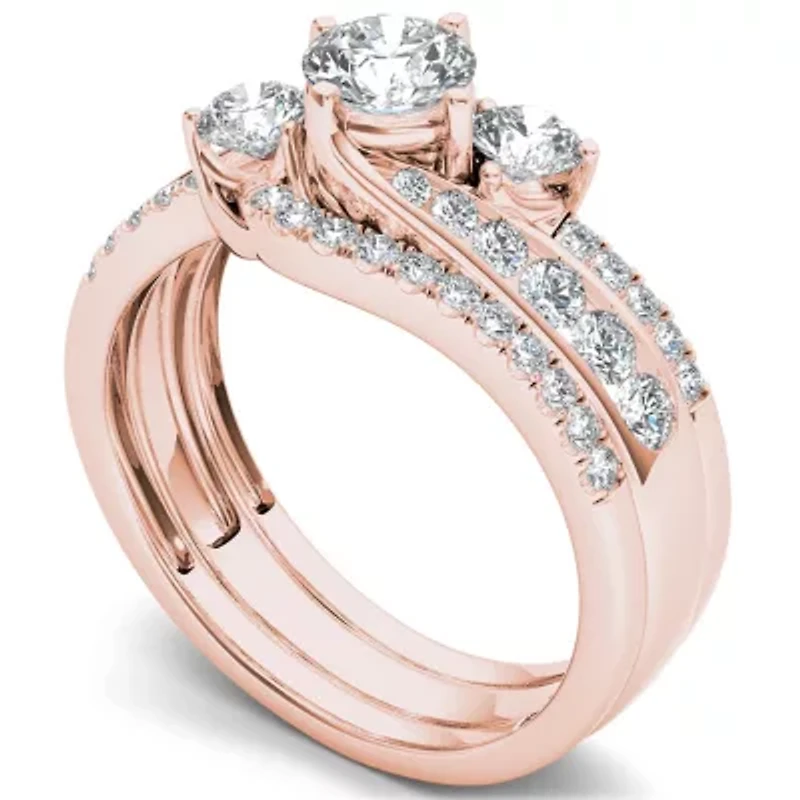 Love Lives Forever Womens 1 1/4 CT. T.W. Natural White Diamond 14K Gold Round 3-Stone Bypass  Bridal Set