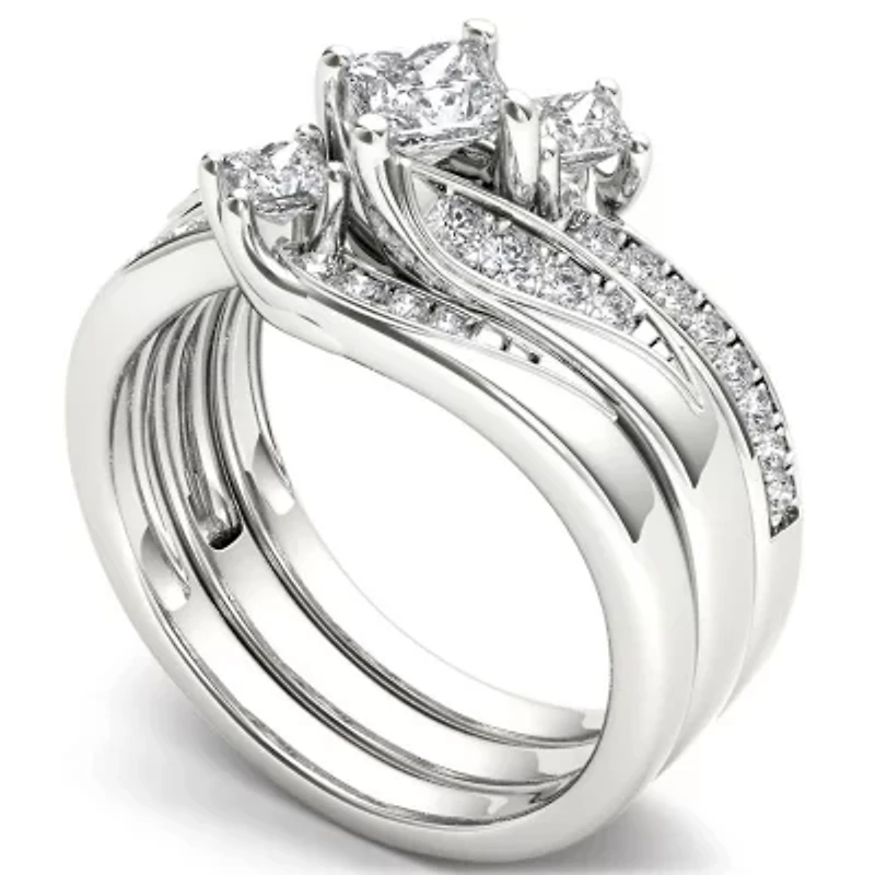 Love Lives Forever Womens 1 CT. T.W. Natural White Diamond 14K Gold 3-Stone Bypass  Bridal Set