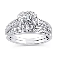 Womens 1 CT. T.W. Natural White Diamond 10K White Gold Cushion Bridal Set