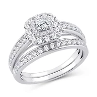 Womens 1 CT. T.W. Natural White Diamond 10K White Gold Cushion Bridal Set