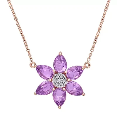 Womens Diamond Accent Genuine Purple Amethyst 10K Rose Gold Flower 17 Inch Pendant Necklace