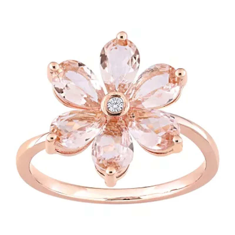 Womens Diamond Accent Genuine Pink Morganite 10K Rose Gold Flower Cocktail Ring