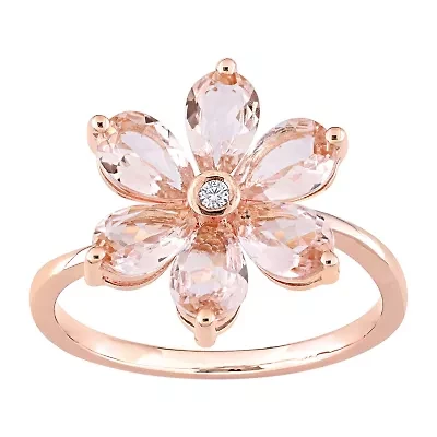 Womens Diamond Accent Genuine Pink Morganite 10K Rose Gold Flower Cocktail Ring