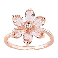 Womens Diamond Accent Genuine Pink Morganite 10K Rose Gold Flower Cocktail Ring