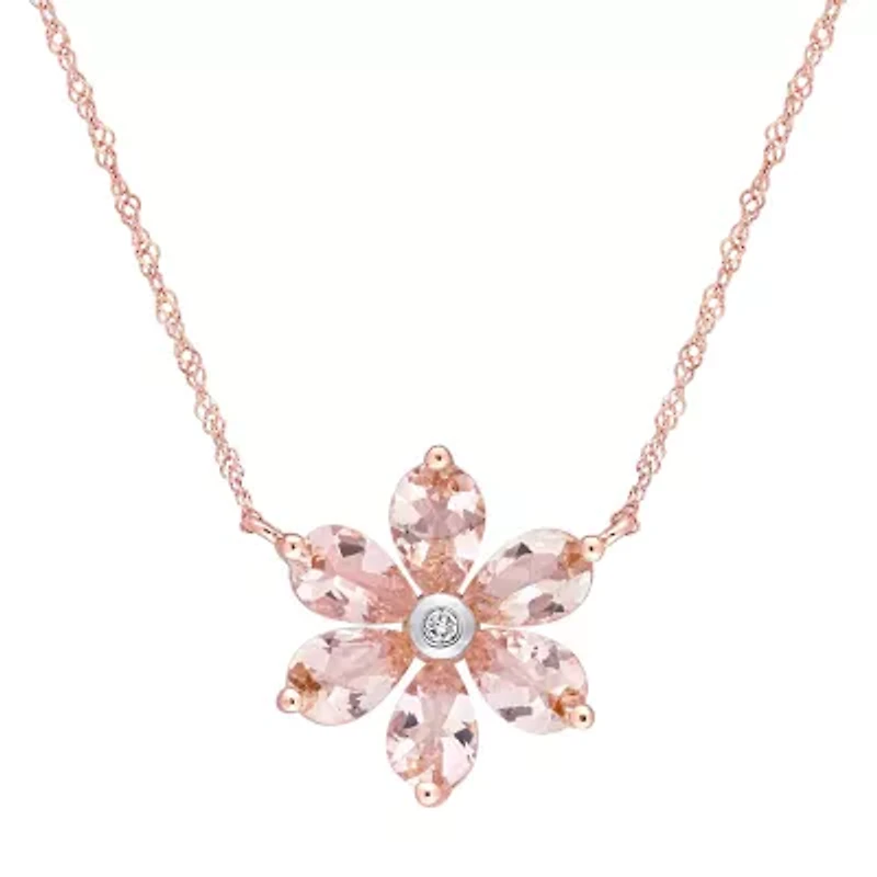 Womens Diamond Accent Genuine Pink Morganite 10K Rose Gold Flower 17 Inch Pendant Necklace