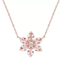 Womens Diamond Accent Genuine Pink Morganite 10K Rose Gold Flower 17 Inch Pendant Necklace