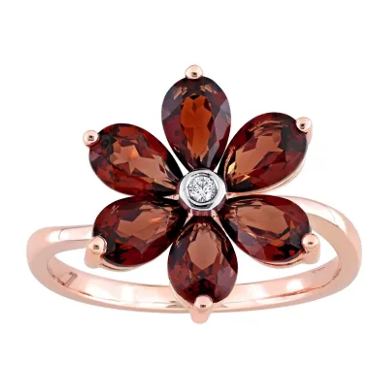 Womens Diamond Accent Genuine Red Garnet 10K Rose Gold Flower Cocktail Ring