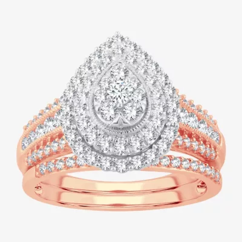 Womens 1 CT.T.W. Natural Diamond 10K or 14K White Gold Pear Halo Bridal Set