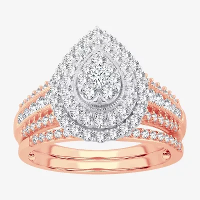 Womens 1 CT.T.W. Natural Diamond 10K or 14K White Gold Pear Halo Bridal Set
