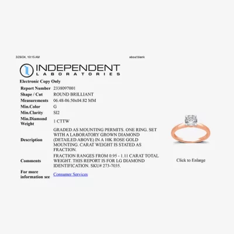 1 CT. Lab-Grown (G / SI2) Diamond Round Solitaire Engagement Ring 10K Gold