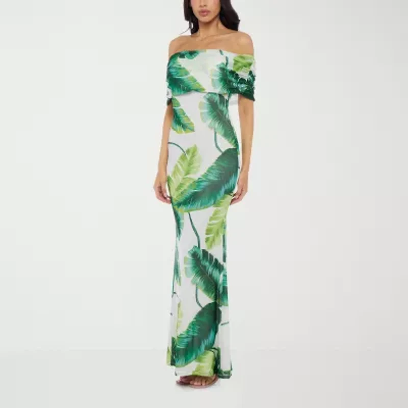 Premier Amour Off The Shoulder Womens Short Sleeve Leaf Maxi Dress