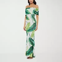 Premier Amour Off The Shoulder Womens Short Sleeve Leaf Maxi Dress