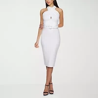 Premier Amour Belted Womens Sleeveless Midi Sheath Dress