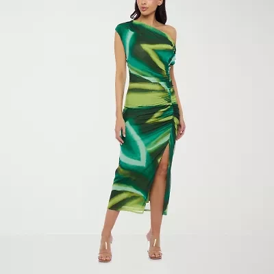 Premier Amour One Shoulder Womens Short Sleeve Midi Sheath Dress