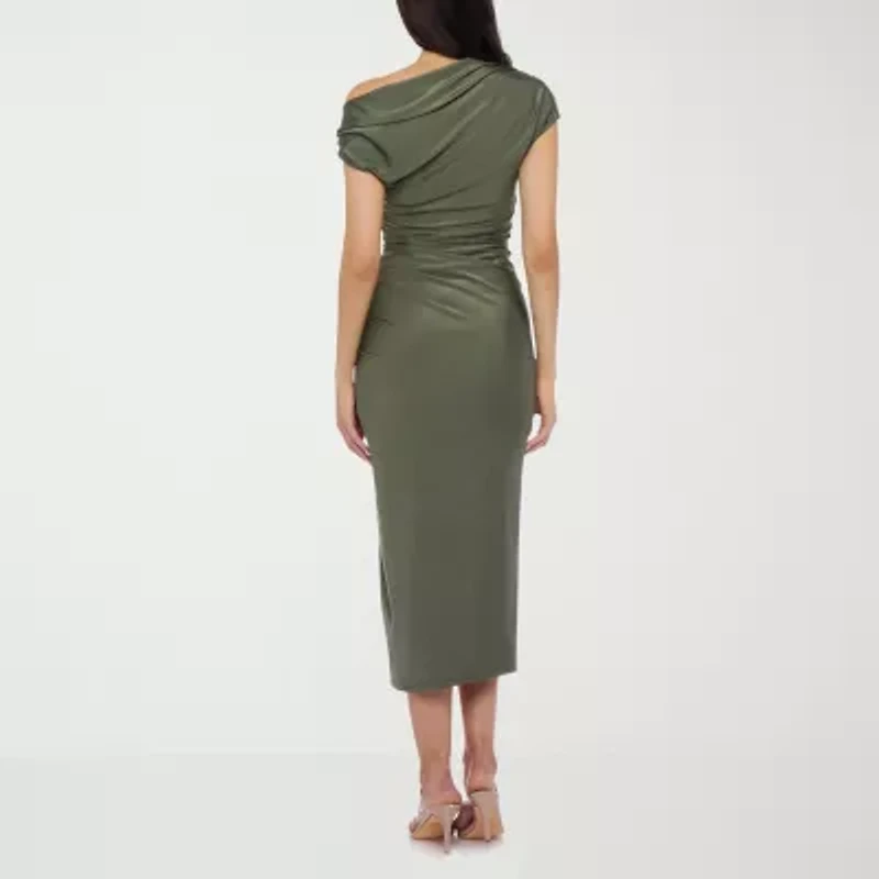 Premier Amour One Shoulder Womens Short Sleeve Midi Sheath Dress