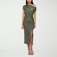 Premier Amour One Shoulder Womens Short Sleeve Midi Sheath Dress