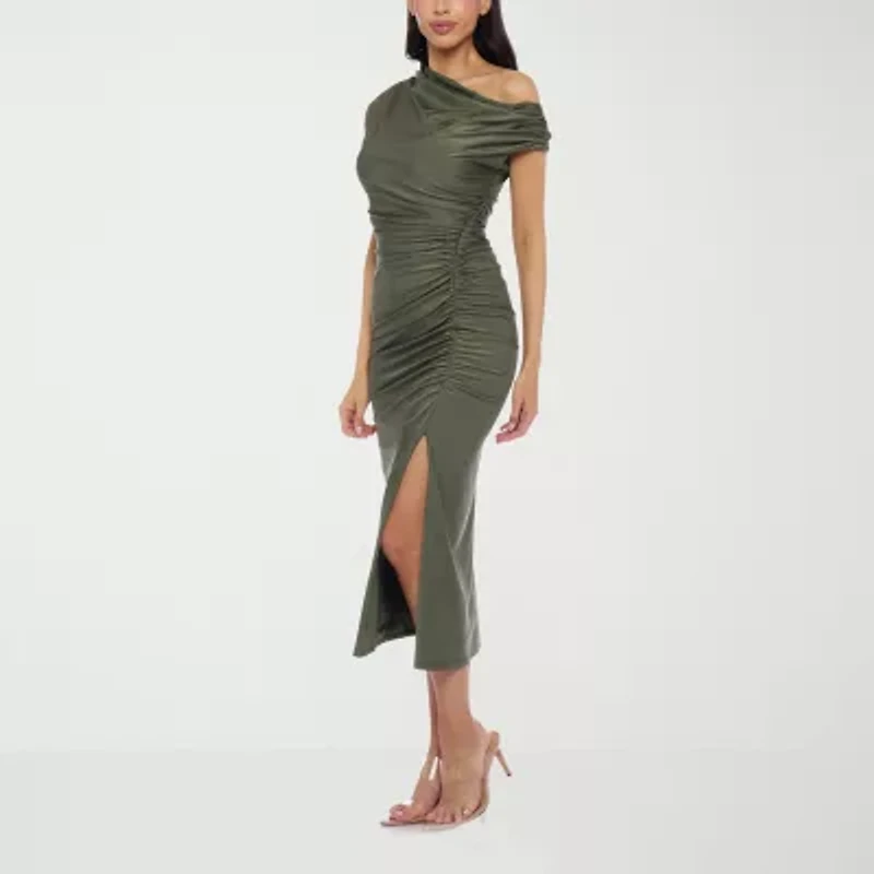 Premier Amour One Shoulder Womens Short Sleeve Midi Sheath Dress