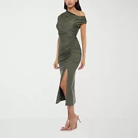 Premier Amour One Shoulder Womens Short Sleeve Midi Sheath Dress