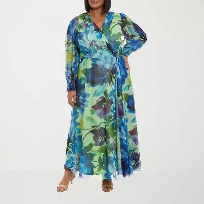 London Times Womens Long Sleeve Floral Maxi Dress Plus