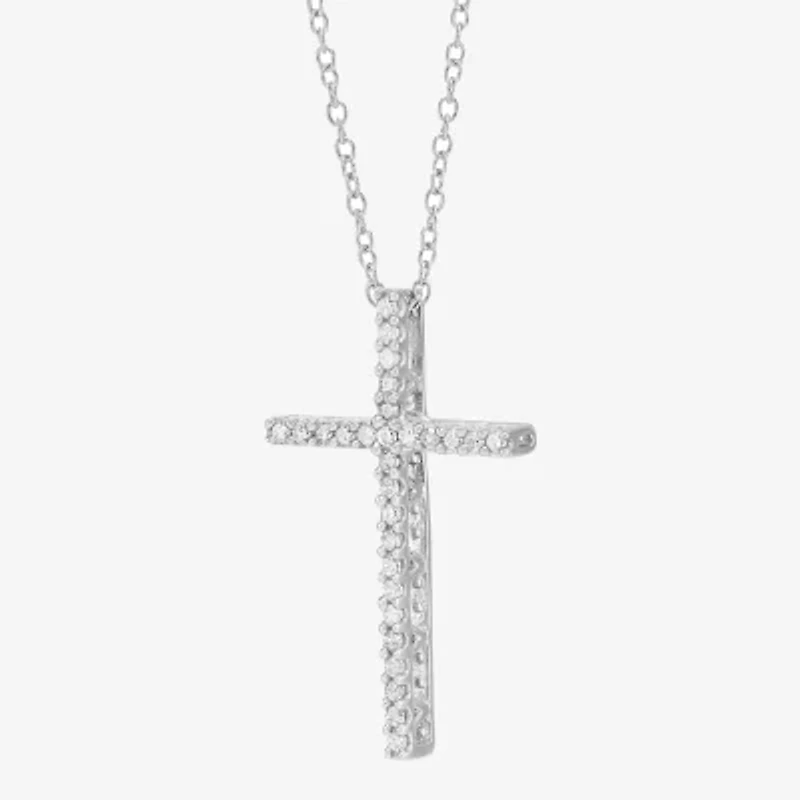 Cross Womens 1/4 CT. T.W. Natural White Diamond Sterling Silver Cross 18 Inch Pendant Necklace