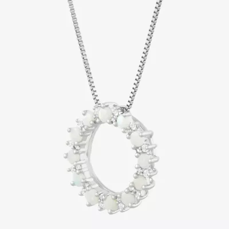 Womens Lab Created White Opal Sterling Silver Circle 18 Inch Pendant Necklace