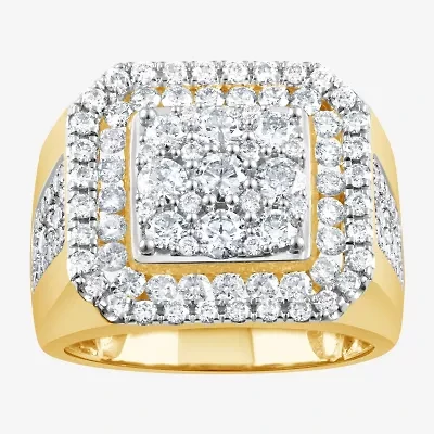 (F / Si2) Mens 2 CT. T.W. Lab Grown White Diamond 14K Gold Over Silver Halo Side Stone Fashion Ring