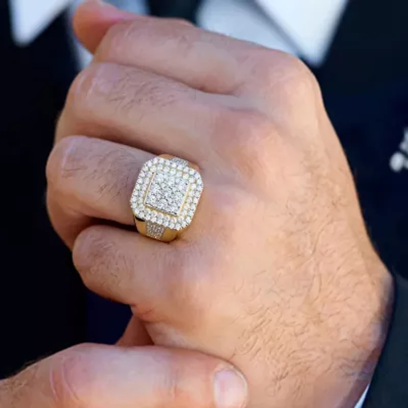 (F / Si2) Mens 2 CT. T.W. Lab Grown White Diamond 14K Gold Over Silver Halo Side Stone Fashion Ring