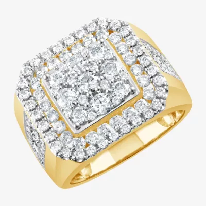 (F / Si2) Mens 2 CT. T.W. Lab Grown White Diamond 14K Gold Over Silver Halo Side Stone Fashion Ring