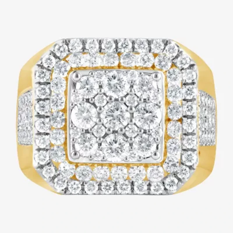 (F / Si2) Mens 2 CT. T.W. Lab Grown White Diamond 14K Gold Over Silver Halo Side Stone Fashion Ring