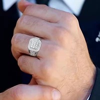 (F / Si2) Mens 1 CT. T.W. Lab Grown White Diamond Sterling Silver Halo Side Stone Fashion Ring