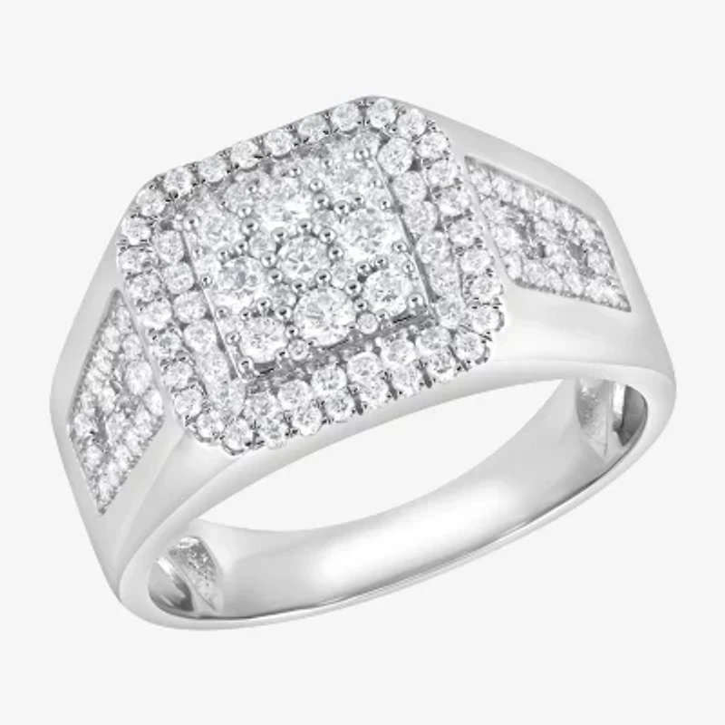 (F / Si2) Mens 1 CT. T.W. Lab Grown White Diamond Sterling Silver Halo Side Stone Fashion Ring