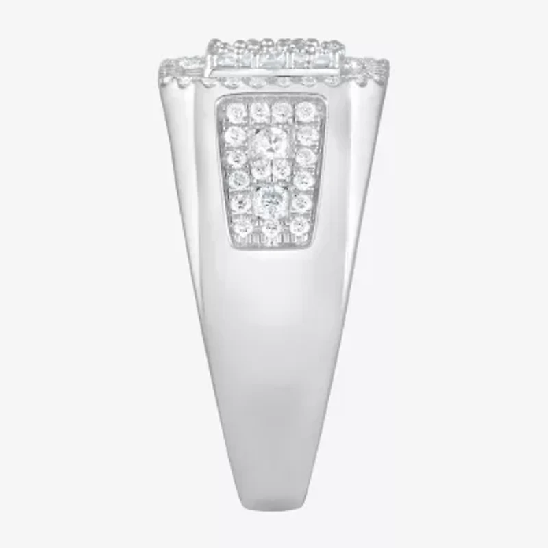 (F / Si2) Mens 1 CT. T.W. Lab Grown White Diamond Sterling Silver Halo Side Stone Fashion Ring