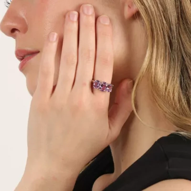 Womens Genuine Purple Amethyst Sterling Silver Oval 3-Stone Cocktail Ring