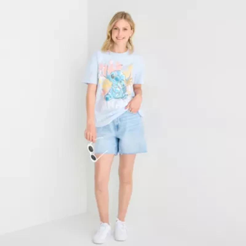 Stitch Boyfriend Tee Womens Juniors Crew Neck Short Sleeve Loose Fit Graphic T-Shirt