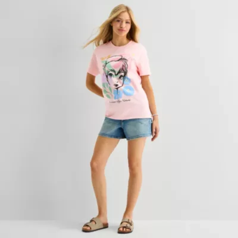 Tinkerbell Boyfriend Tee Womens Juniors Crew Neck Short Sleeve Loose Fit Tinker Bell Graphic T-Shirt